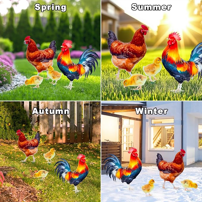 Chicken Family Metal Yard Stakes Set of 4, Double-Sided Metal Garden Stake Decor with Rooster Hen and 2 Chicks, Outdoor Chicken Yard Art for Garden Patio Farmhouse, Unique Gifts for Mom Grandma