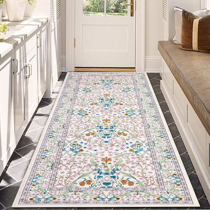 GarveeHome 2x6 Runner Rugs, Washable Rug for Hallway Pink Non Slip, Ultra-Thin Boho Soft Kitchen Runner Rug Botanical Carpet for Entryway, Laundry Room, Bedroom