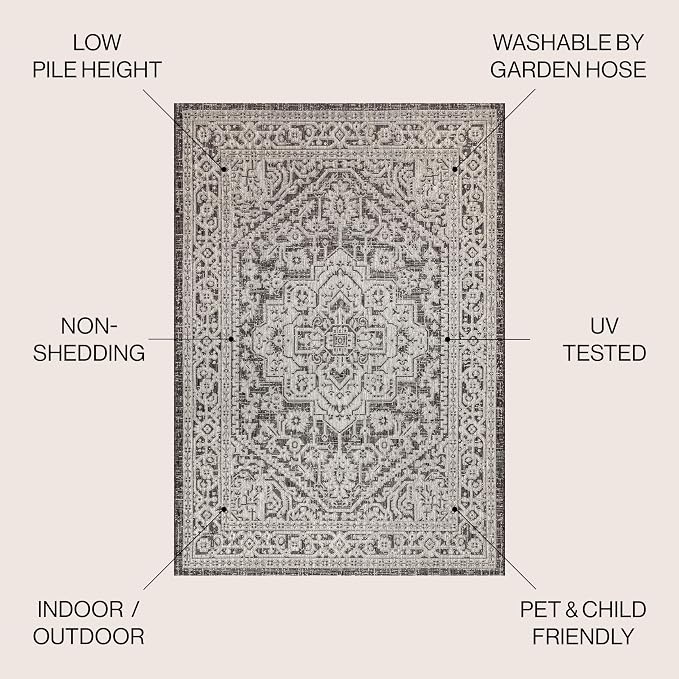 JONATHAN Y Medallion Weave Indoor Outdoor Round Area Rug 9 Ft Gray/Black, Sinjuri Textured for Backyard, Patio, Porch, Easy-Cleaning, High Traffic, Pet-Friendly, Non-Shedding (SMB101D-9R)
