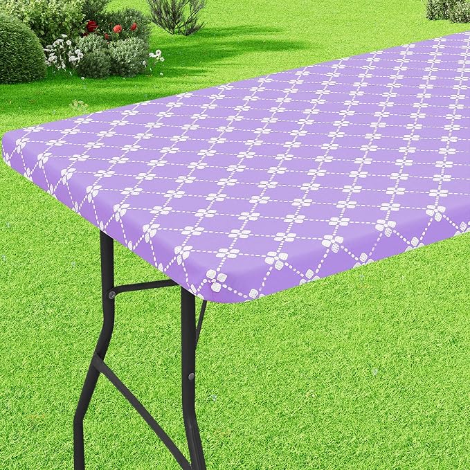 misaya Rectangle Vinyl Table Cloth, Elastic Fitted Tablecloth with Flannel Backing, Waterproof Plastic Table Cover Fits 6 Foot Folding Tables for Picnic, Camping and Outdoor (Lavender, 30" x 72")