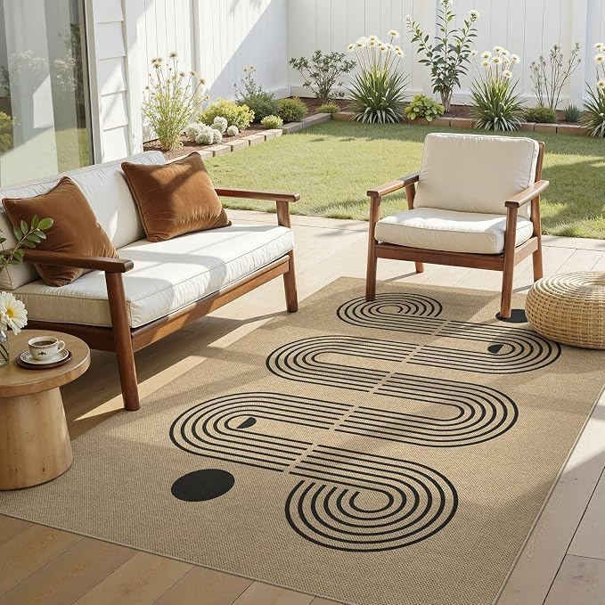 UERMEI 4x6 Outdoor Jute Area Rug Patio Neutral Washable Geometric Brown | Easy Non Slip Pet Friendly Indoor Farmhouse Carpet for Living Room Bedroom Dining Backyard