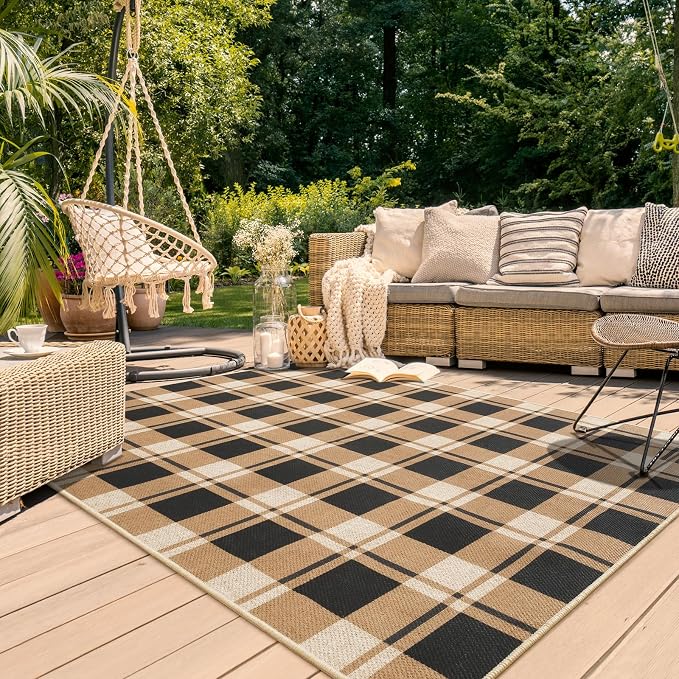 Checkered 4x6 Area Rugs, Jute Rug for Indoor Outdoor, Black/Brown | Washable Jute Area Rug With Non-Slip Backing, Low-Pile Texture, Farmhouse Geometric Pattern In Neutral Brown/Black, Durable
