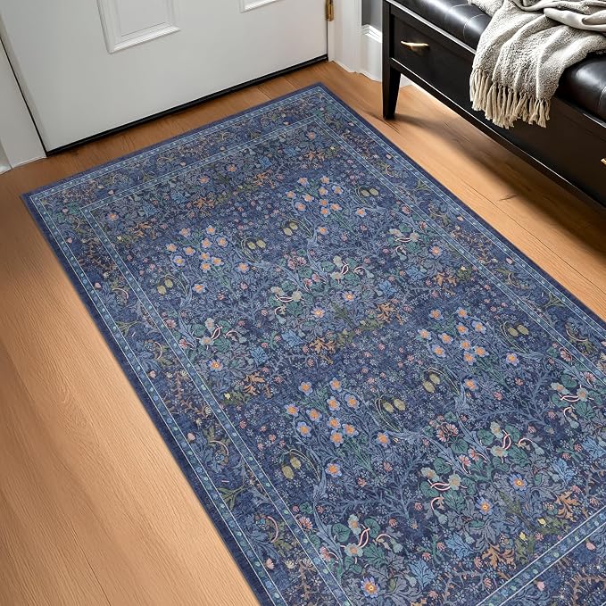 Vintage Dark Blue 3x6 Runner Rugs for Large Entryway, Bedroom Beside Rug, Kitchen, Laundry Room, Non-Slip Low Pile Ultra Soft Stain Resistant Small Floral Carpet