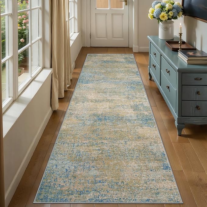 Tangsoo Abstract 2.6x10 Washable Runner Rug for Hallway,Runner Rug Non Slip | Modern Soft Low Pile Long Hallway Rug Runner, Contemporary Carpet Runners for Kitchen Bedroom Living Room Blue Beige Decor