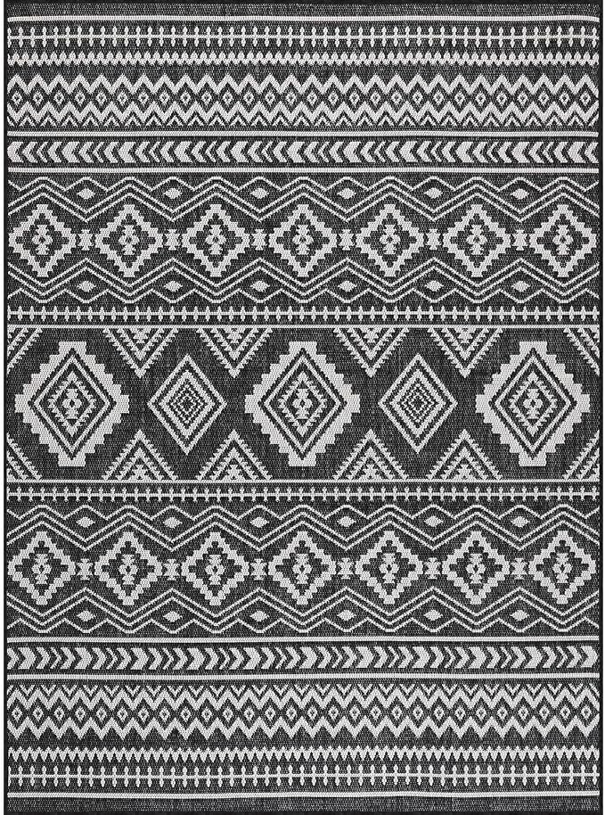 Beverly Rug Waikiki Boho Indoor Outdoor Rug 9x12, Washable Outside Carpet for Patio, Deck, Porch, Bohemian Area Rug, Farmhouse Rugs, Aztec Tribal Rug, Black and White