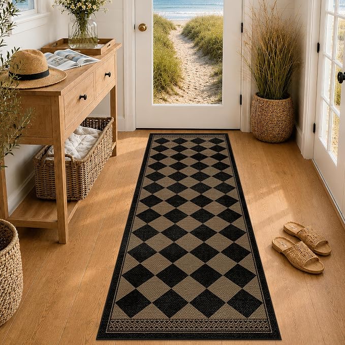 Black and White Easy Jute Checkered Runner Rug 2x6, Washable Kitchen Runner Rug Non Slip, Boho Diamond Indoor Outdoor Carpet for Entryway Hallway Bedroom, Stain Resistant Farmhouse Home Décor