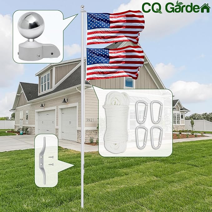 Flag Pole Pulley and Rope kit for 2" to 2.6" Diameter Flag Poles, 50FT Rope, 3.5" Flag Pole Topper, Cast Aluminum Flag Pole Truck, Metal Snap Clips and Cleat(Silver)