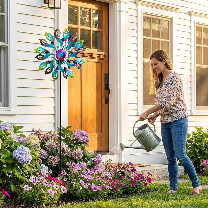 Solar Wind Spinner Outdoor Kinetic Garden Decor with LED Light Ball | Colorful Metal Wind Spinner Creates Stunning Yard Art With Rotating Petals, Perfect For Patio, Lawn, Pathway And Backyard