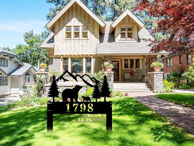 Personalized Bear Mountain Metal Adress Sign With Stakes，Custom Yard Signs for Houses with Stakes,Address Signs for Yard, Home Address Signs for House,House Numbers for Outside，Garden Gift