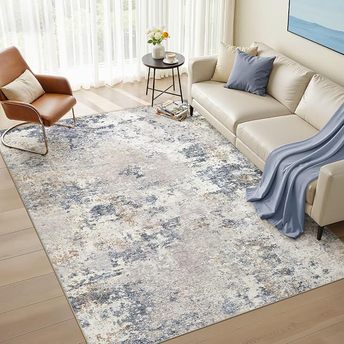 Nakagishi 5X7 Abstract Washable Area Rugs for Living Room-Blue Grey | Modern Non-Slip Silicone Backing Low Pile Soft Carpet for Bedroom Dining Decor Ideal for Families with Kids and Pets