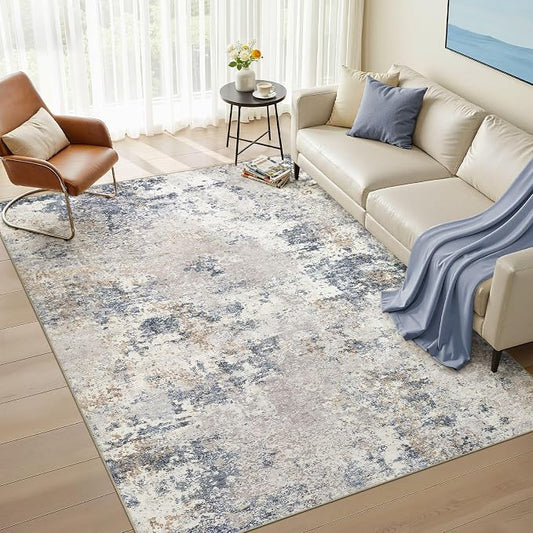 Nakagishi 5X7 Abstract Washable Area Rugs for Living Room-Blue Grey | Modern Non-Slip Silicone Backing Low Pile Soft Carpet for Bedroom Dining Decor Ideal for Families with Kids and Pets
