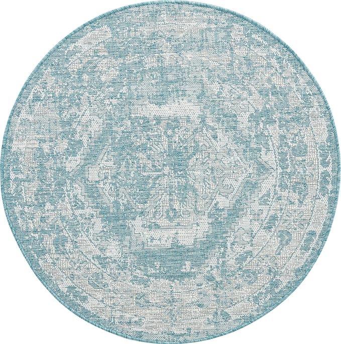 Unique Loom Outdoor Traditional Collection Area Rug - Valeria (4' 1" Round, Aqua/ Ivory)