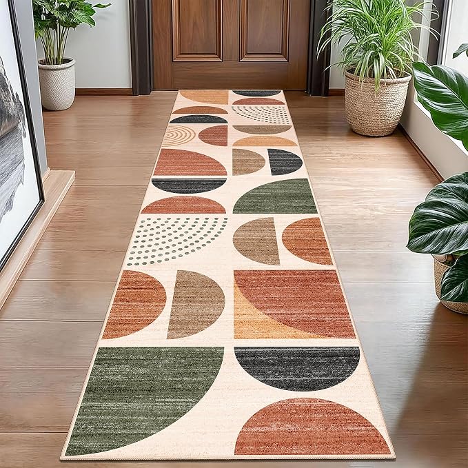 Boho Runner Rug Washable 2x8 Area Rugs Non Slip Modern Abstract | Long Throw Carpet for Hallways Kitchen Bedroom Entryway Bathroom Laundry Soft Low Pile Floor Indoor Bohemian Terracotta