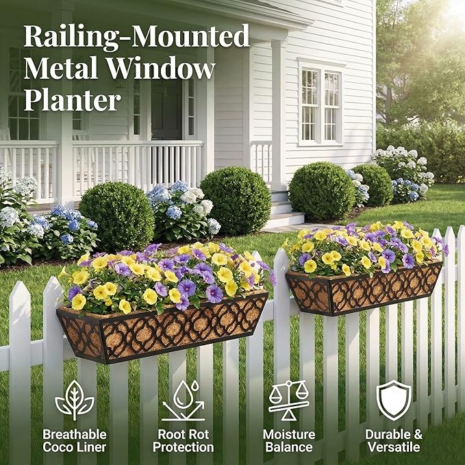 24 Inch Railing Planter Box with Coco Liner, Adjustable Metal Hanging Planter, Window Box for Balcony Deck Fence, Outdoor Flower Box Black, 6 Pack