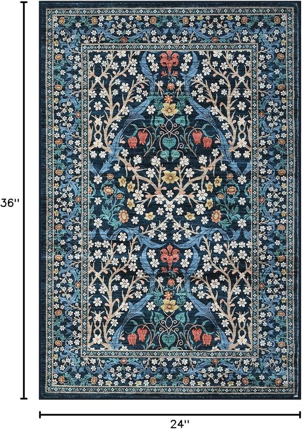 GarveeHome Blue Floral 2x3 Washable Rug Small Door Mat | Vintage Stain Resistant Rugs for Entryway Hallway Bedroom Bathroom Low-Pile Non-Slip Soft Botanical Boho Rug TPE Backing