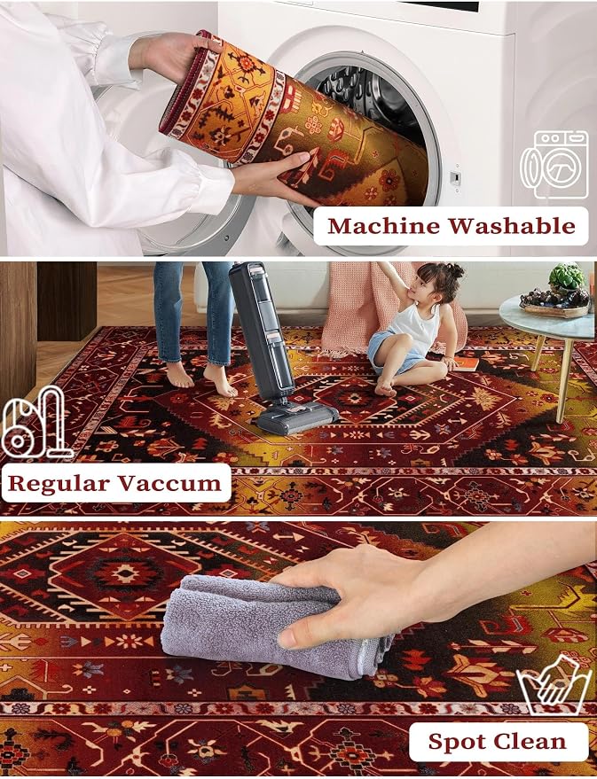 SERISSA 2'6"x14' Washable Non Slip Boho Runner Rug for Hallway | Ultra Soft Vintage Oriental Carpet Low-Pile Rustic Red Gold Floor Carpet for Kitchen Bedroom Entryway Bathroom Laundry Room