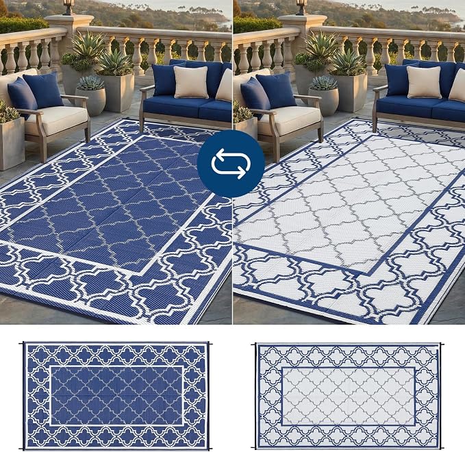 Garvee Reversible Outdoor Rug 10x14, Waterproof Outdoor Plastic Straw Rug with Interlacing Pattern, RV Mat for Picnics, Patio, Camping, Balcony, Deck, Backyard, Porch, Blue