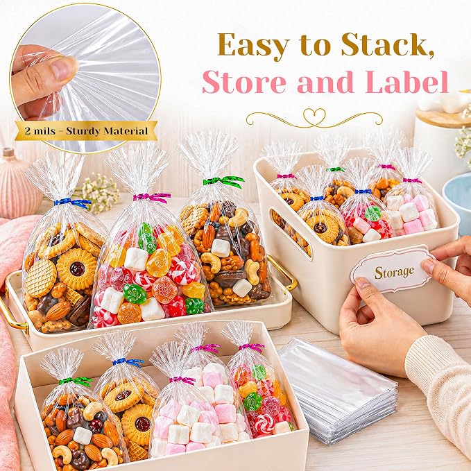 LOKQING Cellophane Bags Plastic Treat Bag Clear Cookie Candy Bags with Twist Ties for Party Favors Bag, Graduation Gift Bags(200 Pack, 5x7inch)