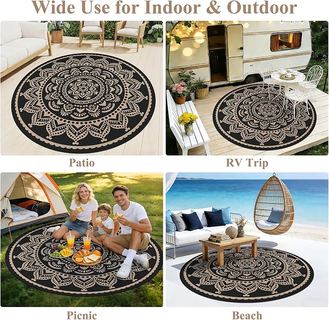 Bsmathom Waterproof Outdoor Rug, 6ft Round, Black | Reversible, Boho Plastic Straw, Portable RV Mat, For Patio Deck Camping Porch Balcony Backyard Beach Pool