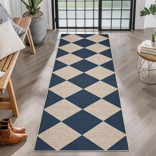 GarveeHome Checkered Easy Jute Runner Rug 2x6 Non-Slip Machine Washable Stain Resistant Indoor Outdoor Rugs for Living Room, Bedroom, Kitchen, Dining, Patio - Farmhouse Style Navy Blue