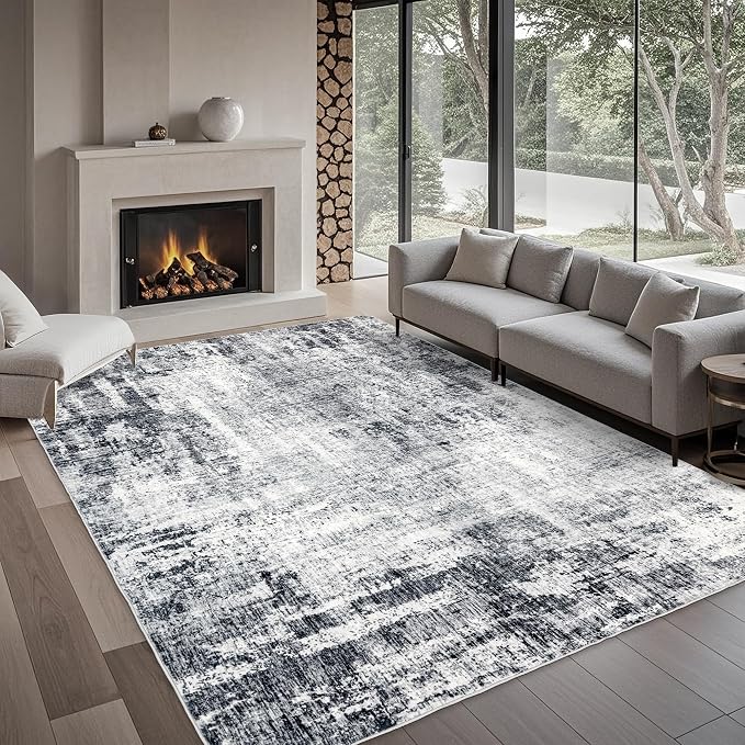 Washable 10x14 Area Rug: Modern Large Rugs for Living Room Dining Room Bedroom Office Indoor - Non-Slip Carpet Home Decor - 10x14 Black Grey