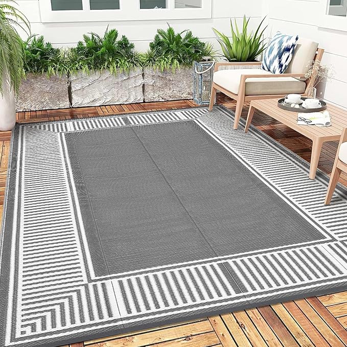 Garvee Outdoor Rug 9x18 Outdoor Patio Rug Reversible Plastic Straw Rugs Waterproof Foldable Mat Easy Clean Lightweight Carpet for Backyard Camping Porch RV Beach Balcony Deck Picnic Border Grey