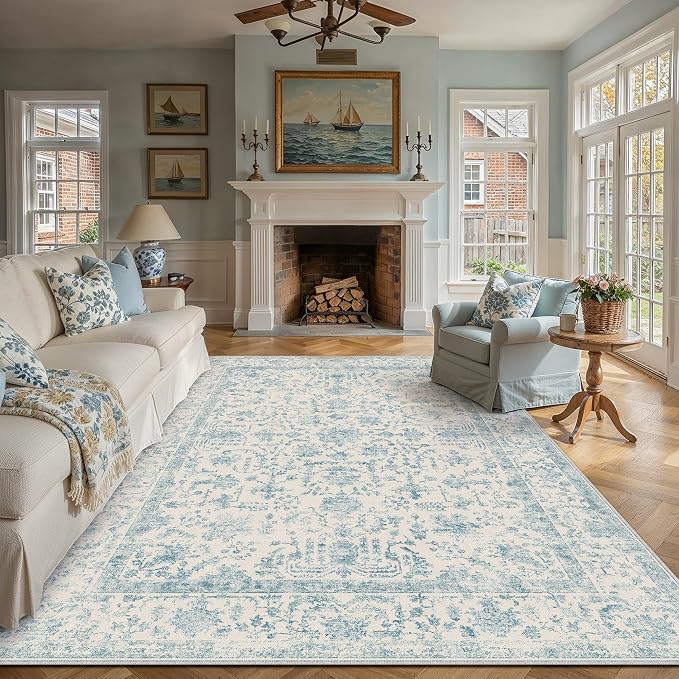 9x12 Blue Neutral Living Room Area Rug | Washable, Low Pile, Accent, Vintage, Soft, Non Slip, Large Carpet for Bedroom Dining Room Nursery Indoor Home Decor
