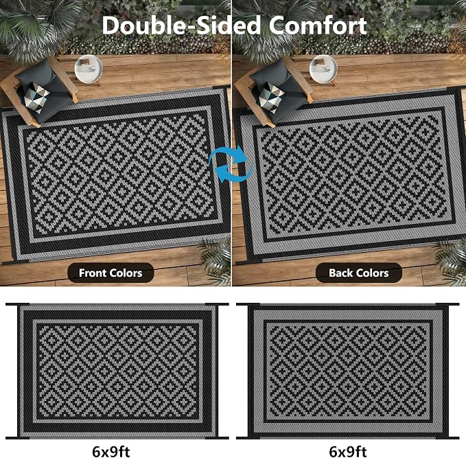 Kohree Outdoor Rug Waterproof 6x9 ft, RV Outdoor Plastic Straw Rug for Patios Clearance,Reversible Area Rug for Camping,Balcony,Deck,Black & Grey