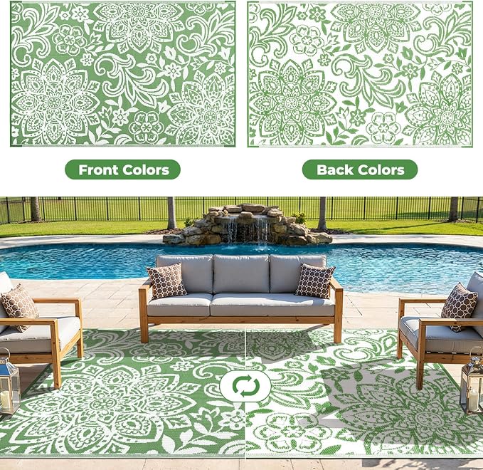 Findosom Waterproof Outdoor Rug 5' x 8' - Reversible Mandala Outdoor Plastic Straw Rug, Durable Foldable Patio Rug for RV, Deck, Balcony, Backyard, Picnic, Porch, Camping, Beach, Green