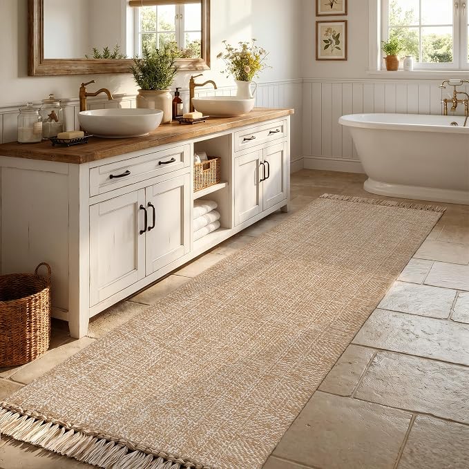 Long Hallway Runner Rug 2.6' x 8', Washable Runner Indoor Entryway Rug, Tan Braided Woven Kitchen Runner Rugs Low-Profile Front Door Floor Carpet for Laundry Room Bedroom Doorway | Tan/Cream Braided Woven Kitchen Runner Rugs, Low-Profile Front Door Flo...