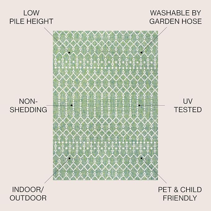 JONATHAN Y Moroccan Geometric Indoor Outdoor Square Area Rug 5X5 Green/Cream, Ourika Textured Weave for Backyard, Patio, Porch, Easy-Cleaning, High Traffic, Pet-Friendly, Non-Shedding (SMB108L-5SQ)