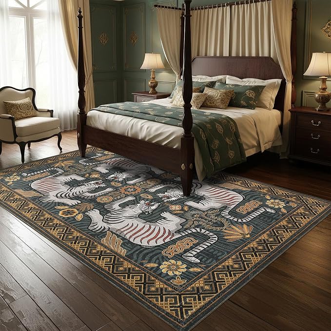 GarveeHome Tibetan Tiger 5x7 Area Rug Boho Blue Washable Living Room | Non Slip Vintage Rugs for Bedroom, Tribal Soft Animal Print Throw Rug Ultra Thin Stain Resistant Floor Carpet for Office