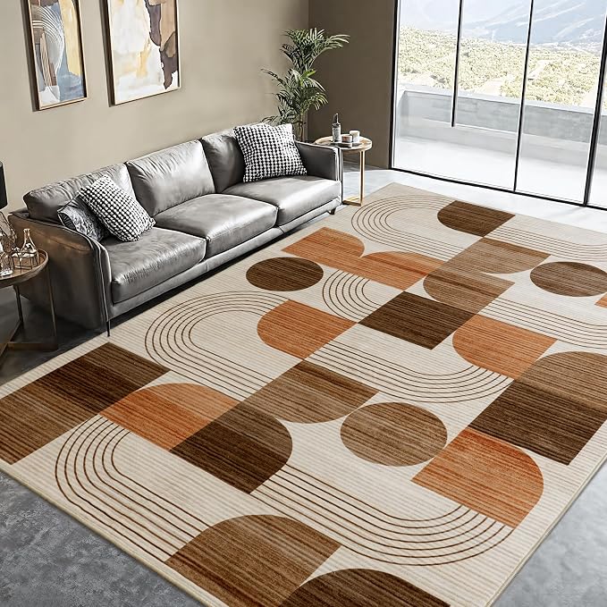 Soft Modern Geometric Abstract Large Machine Washable 4x6 Area Rug | Orange Rugs for Bedroom Living Room, Non-Shedding Faux Wool Indoor Throw Floor Carpet for Office Entryway Dining Room Decor