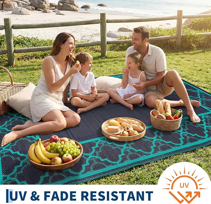 Garvee Reversible Outdoor Rug 10x14, Waterproof Outdoor Plastic Straw Rug with Interlacing Pattern, RV Mat for Picnics, Patio, Camping, Balcony, Deck, Backyard, Porch, Navy