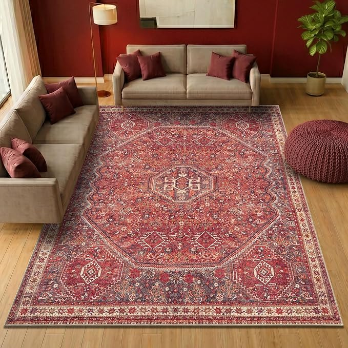 Keen Home Design Vintage Washable Area Rug, Non-Slip Low Pile, 9x12 | Machine Washable Cotton Chenille, 0.25In Low Pile, Rubber Non-Slip Back; Living Room, Bedroom, Dining Room