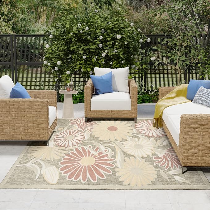 Nourison Home Aloha Sage Rose 9' x 12' Area Rug - Easy Clean, Non Shedding, Bed Room, Living Room, Dining Room, Kitchen (9' x 12')