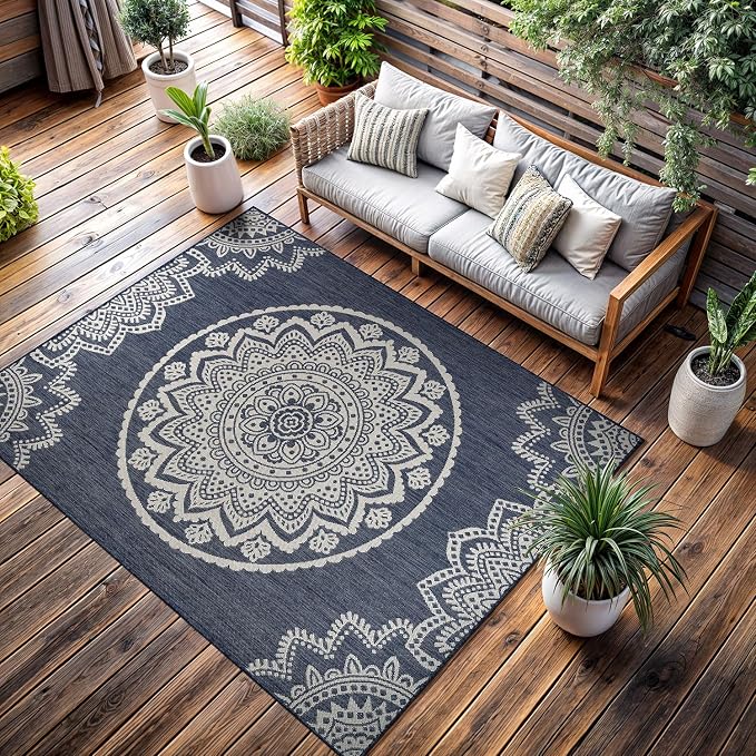 CAMILSON Outdoor Rug 5x7 Modern Area Rugs for Indoor and Outdoor Patios and Porches - Waterproof, Washable, Non-Shedding, Easy-to-Clean Outside Carpet (5 x 7, Medallion - Blue/White)