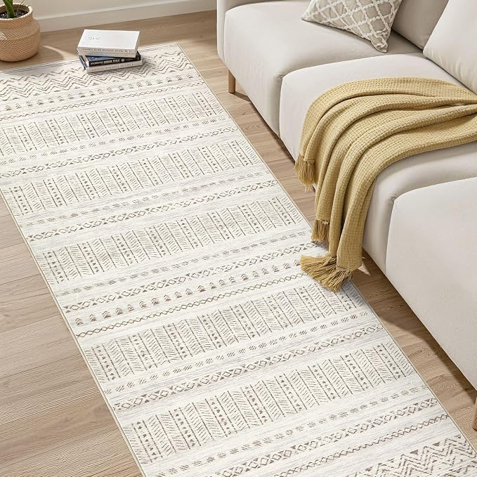cotiled Hallway 3x8 Runner Rugs Washable Boho Moroccan Soft Rug | Non-Slip Stain Resistan Carpet for Entryway Kitchen Laundry Brown Cream