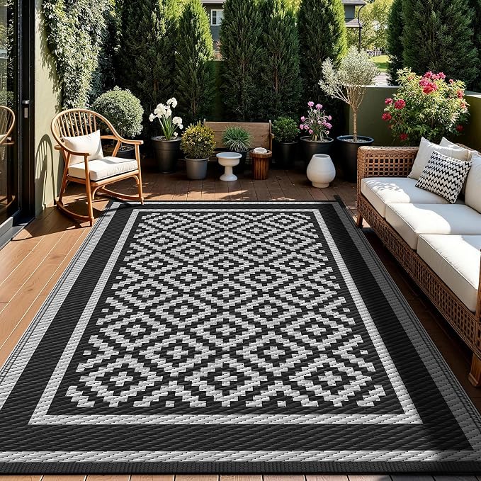 Kohree RV Outdoor Rug 8x10 Reversible, Waterproof Patio Mat with 4 Stakes & UV Fade Resistant, Non-Slip Outdoor Camping Mat for Deck, Picnic, Backyard, Includes Carry Bag (Black & Grey)