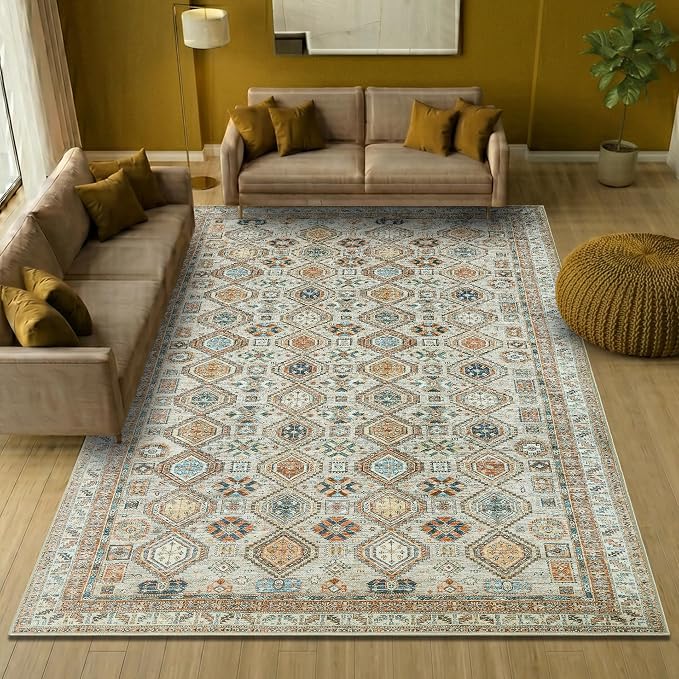 Keen Home Design Vintage Washable Area Rug, Non-Slip Low Pile, 6x9 | Machine Washable Cotton Chenille, 0.25In Low Pile, Rubber Non-Slip Back; Living Room, Dining Room, Bedroom, Office