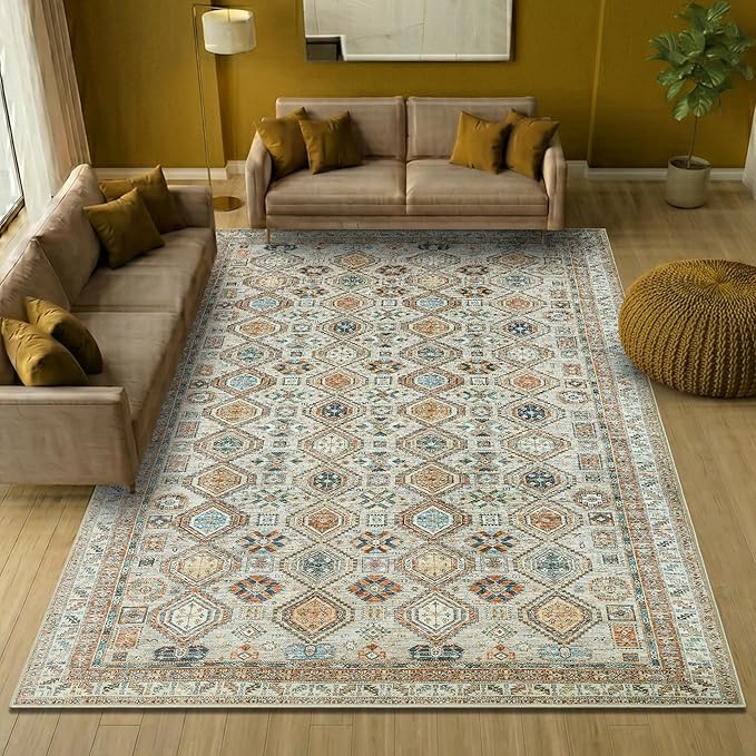 Keen Home Design Vintage Washable Area Rug, Non-Slip Low Pile, 9x12 | Machine Washable Cotton Chenille, 0.25In Low Pile, Rubber Non-Slip Back; Living Room, Bedroom, Dining Room