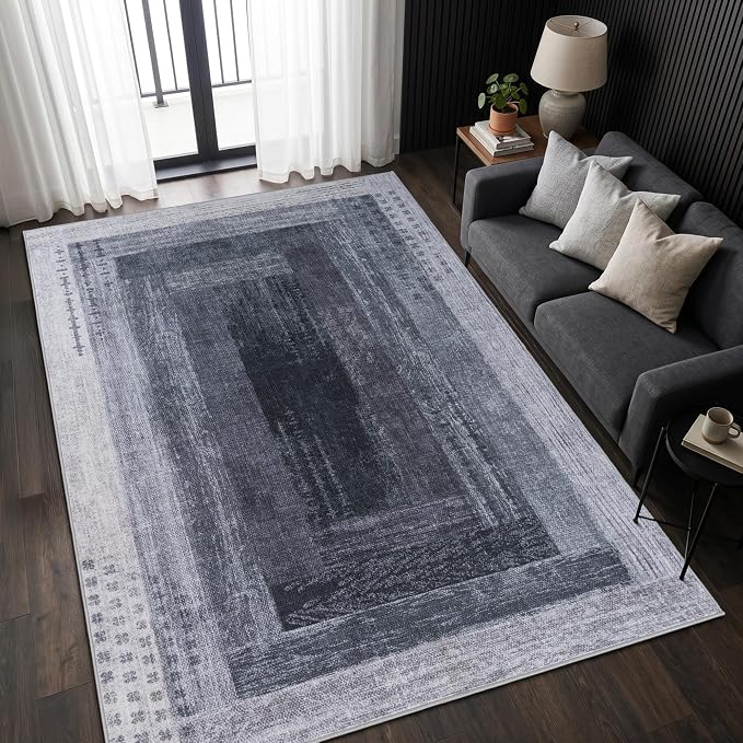 Neutral Geometric Grey 5x8 ft Large Rug for Living Room Bedroom | Contemporary Modern Area Rugs Vintage Washable Soft Faux Wool Low Pile Indoor Carpet for Dining Room Office Home Decor