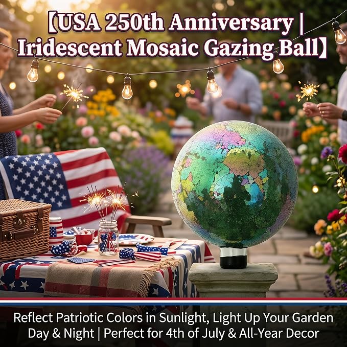 10" Mosaic Glass Gazing Ball for Garden Decor, Gazing Globe | Iridescent Glass Mosaic Gazing Globe, Outdoor Garden Orb for Yard, Patio, Lawn & Flower Bed Decor