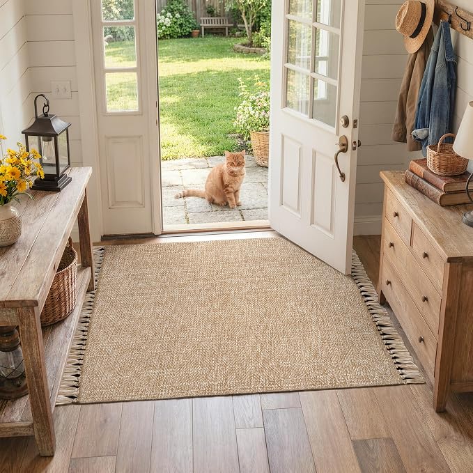 3' x 5' Woven Indoor Outdoor Porch Rug, Farmhouse Entryway Rugs | Modern Boho Reversible Front Door Mat, Tan/Cream Braided Washable Kitchen Rugs for Patio, Bedside, Bathroom, Nursery Decor