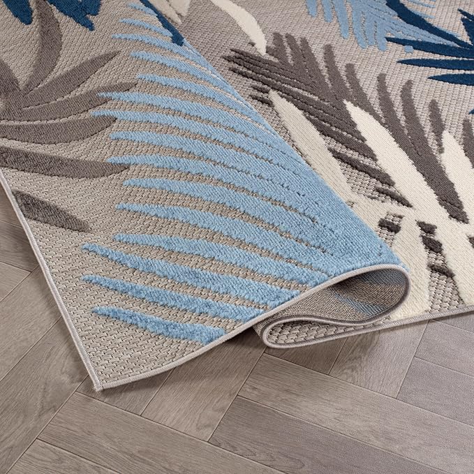 Rugshop Blue Palm Frond Indoor/Outdoor Round Area Rug Easy Cleaning for Patio, Deck and Seating Area, 6' Round