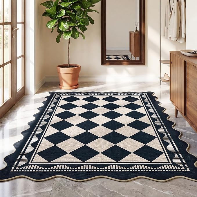 Garvee Easy Jute 8x10 Area Rug Scalloped Rugs for Living Room，Black/White | Indoor Outdoor Washable Rugs for Bedroom Non Slip Stain Resistant Low Pile Throw Rug for Dining Room Nursery