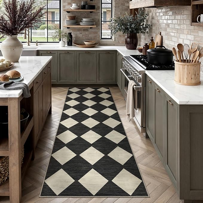 Black 2'6x10 Washable Runner Rug Kitchen Non Slip Checkered Carpet | Soft, Low Pile, Easy Clean, Diamond Pattern, for Hallway, Entryway, Laundry Room, Bathroom, Modern Indoor Decor