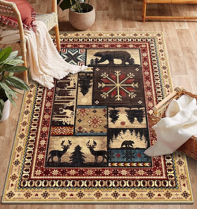 LOKHOM 3x5 Rustic Cabin Area Rug, Washable Western Lodge Bear Entryway Rug | Bear Pattern, Non-Slip, Low Pile Soft Doormat, Vintage Wildlife Accent, For Living Room Bedroom Kitchen Entryway