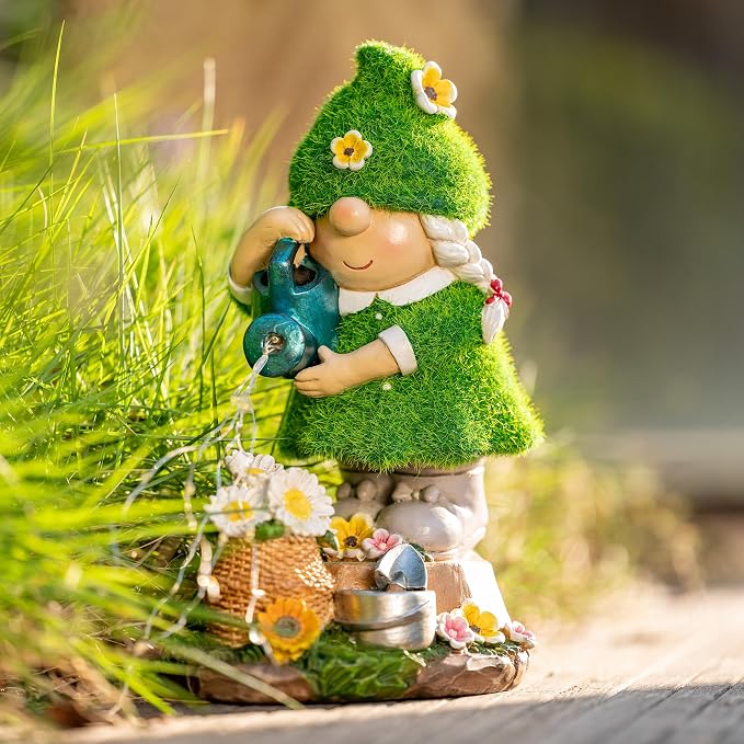 TERESA'S COLLECTIONS Garden Gnome Ornaments with Solar Outdoor Lights for Garden Decor, Lady Gnome Watering Flower Resin Outdoor Christmas Decorations Gifts for Women and Man 7.9"