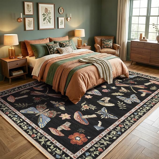 ROYHOME Mushroom Insect Washable Rug 5x7 for Bedroom Living Room Black | Playroom Nursery Office Bug Moth Cute Funky Cottage Core Whimsical Boy Carpet Low-Pile Non-Slip Stain Resistant TPE Backing